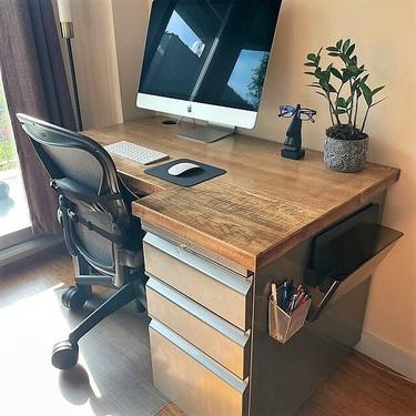 Desk / Refinished 3 drawer Metal Filing Cabinet Solid Wood Top steel tube legs / industrial / urban furniture / rustic office furniture / 