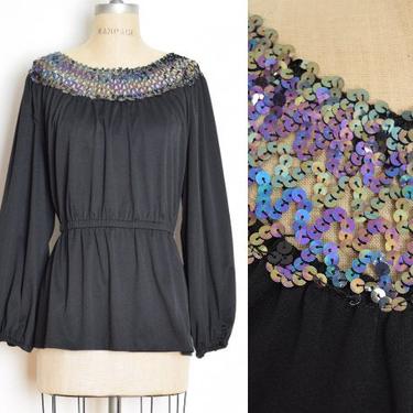 vintage 70s top black sequin neckline disco peasant blouse shirt XL XXL clothing 