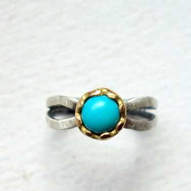 Bright teal turquoise in 18k yellow gold and sterling silver handmade cocktail ring 