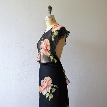 1930s chiffon dress . vintage 30s rose print dress 