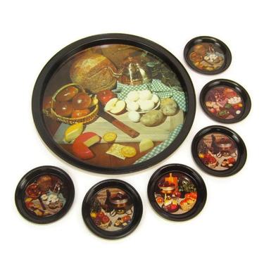 Vintage round litho tray and coasters - rustic wholesome food photographs - 1960s entertaining 