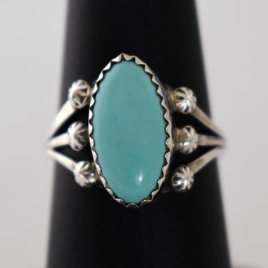 70's Navajo sterling turquoise size 6 ring, simple pointed oval blue stone 925 silver Southwestern hippie solitaire 