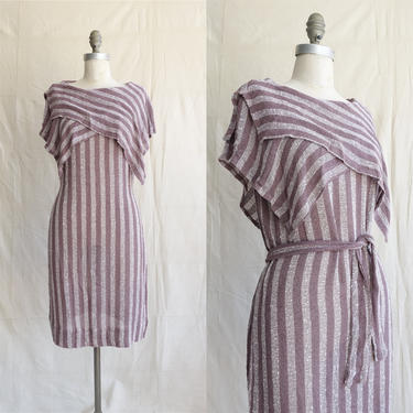 Vintage 80s Woven Mauve Dress/ 1980s Nubby Open Weave Dress with Shawl Collar/ Size Small Medium 