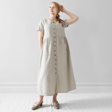 vintage button front midi dress / empire waist cotton dress with pockets / M 