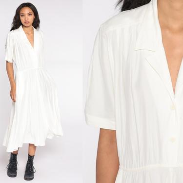 White Shirt Dress Midi 80s Shirtwaist Short Sleeve Secretary Shirtdress Flared Button Up High Waisted 1980s Vintage Plain Large L 