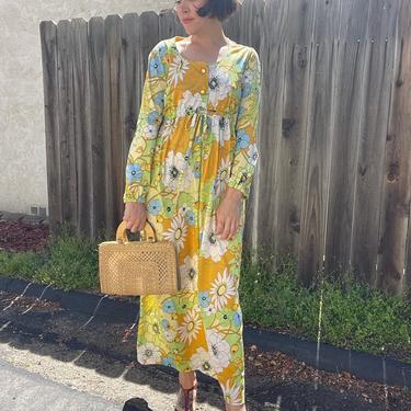 Groovy 1960s yellow and green floral maxi dress 