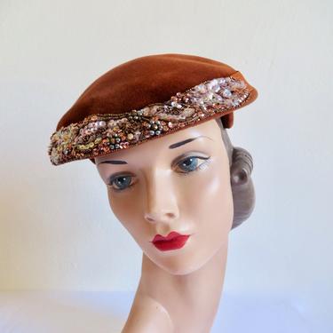 Vintage 1950's French Rust Brown Felt Hat Glass Bead Trim Evening Cocktail Francoise Ray Lessere Paris 50's Millinery Made in France 