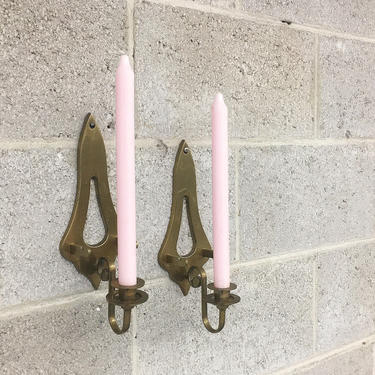 Vintage Candlestick Holders Retro 1980s Gold Metal Wall Sconces + Set of 2 Matching + Candle Holders + Home Decor and Mood Lighting 