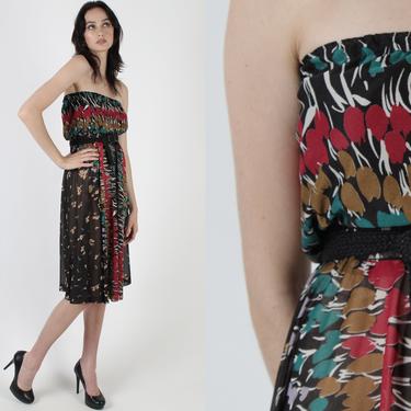 Lightweight Thin Poly Dress / Womens Black Floral Halter Dress / Vintage 70s Airy Print Dress / Strapless Light See Through Mini Dress 