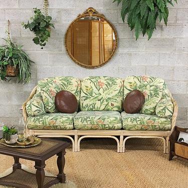 LOCAL PICKUP ONLY Vintage Couch Retro 1980s Boho Style Creme + Wood Frame Indoor + Outdoor Lounge Couch + Botanical Print + Canvas Cushions 