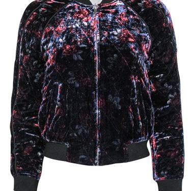 Joie - Navy &amp; Red Floral Print Velvet Quilted Bomber Jacket Sz S