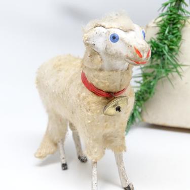 Shabby Antique 1930's German 3 1/4 Inch Wooly Sheep with Bell, for Putz or Christmas Nativity 