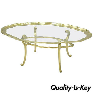 Regency Brass &amp; Glass Serving Scalloped Tray Turtle Top Coffee Table Attr. Baker
