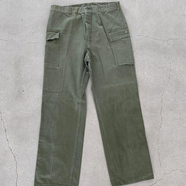 Vintage 36 Waist x 32 Inseam Green Cargo Fatigues | Herringbone Twill Metal Button 50s Trousers | Army Pants | 