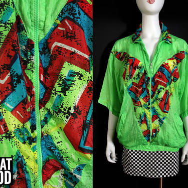 Radical Vintage 80s Neon Green &amp; Red Geometric Pattern Short Sleeve Lightweight Windbreaker Jacket Top 