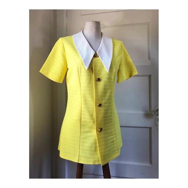 1970s Bright Yellow Statement Collar 3-piece Suit with Pants and Skirt- size M 