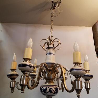 Lightolier Brushed Steel & Porcelain 6 Arm Chandelier. French Country. 24 x 36
