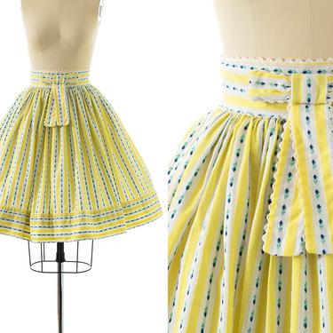 Vintage 1960s Skirt | 60s Floral Embroidered Striped Cotton Yellow High Waisted Full Swing Skirt (small) 