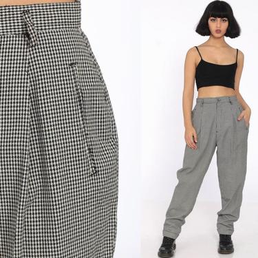Tapered Plaid Trousers 26 -- Gingham Pants Punk Mod High Waisted Trousers 80s Checkered Print Black White 1980s Vintage Small 