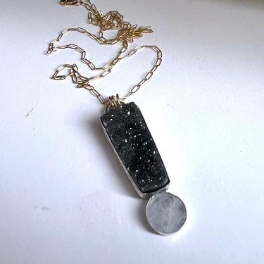 Be Loud Exclamation Mark Pendant Handmade with Black Druzy and Moonstone in Sterling Silver 
