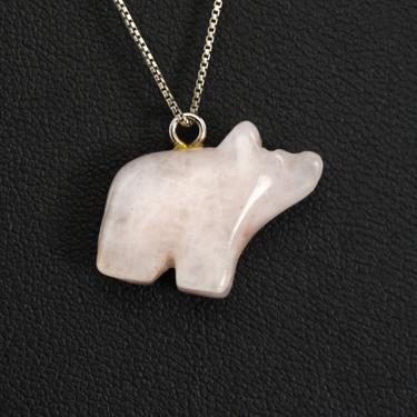 70's pink jadeite 925 silver abstract bear affixed pendant, hand carved jade bear on Italy sterling box chain necklace 