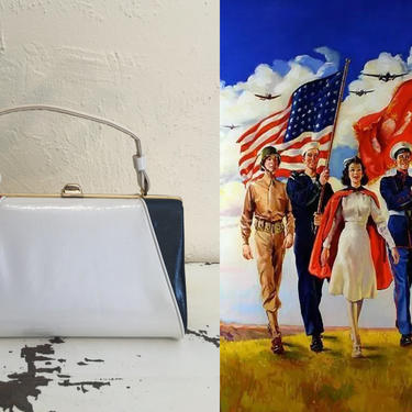 Patriotic Parade - Vintage 1950s Patriotic Red White &amp; Blue Shiney Vinyl Handbag Purse 