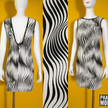 WHOA Vintage 90s Black &amp; White Op Art Geometric Mini Dress with Low Back 