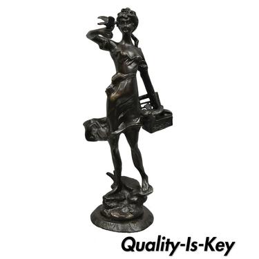 Bronze Sculpture Woman w/ Birds &amp; Basket 15" Statue Figure After Emile Guillemin