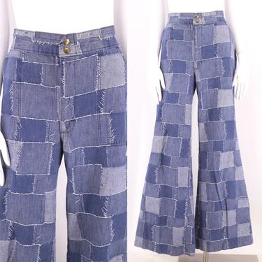 70s H.I.S patchwork high waist bell bottom jeans 28 / vintage 1970s pattern stitched bell bottoms flares pants 