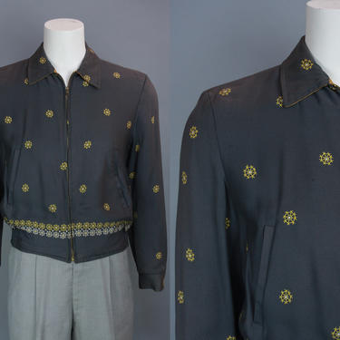 1950s REVERSIBLE Ricky Jacket | Vintage 50s Men's Atomic Patterned Jacket in Dark Grey &amp; Ochre Yellow | Medium 