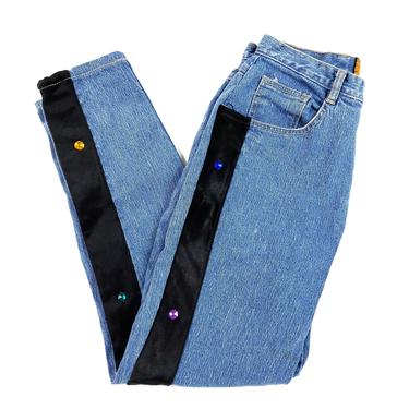 90s Teen Jeans 26&quot; Waist Tapered Leg, Baccini Gem Studded Velvet High Waisted Unique Jeans 
