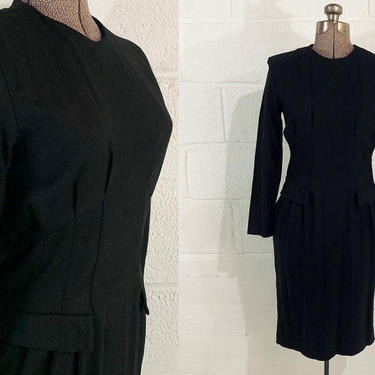 Vintage Black Dress Katie Petites MFG 1950s 50s Long Sleeves Sleeve Party Cocktail New Year's Goth Vamp Sheath Union Made USA Small XS 