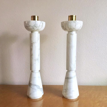 Pair of Large Mid-Century Italian White Carrara Marble Altar Candlesticks 19.5&amp;quot; 