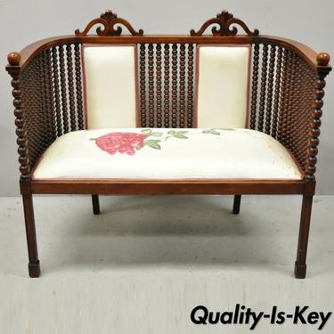 Antique Victorian Mahogany Upholstered Victorian Spool Spindle Bench Loveseat