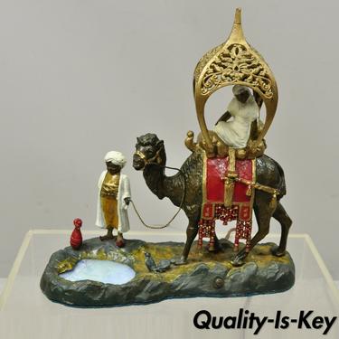 Austrian Orientalist Cold Painted Spelter Man and Camel Watering Hole Table Lamp