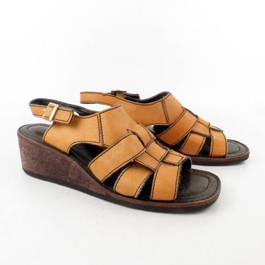 Wedge Platform Sandals Vintage 1970s Cork Arpeggios Brown Leather Women's size 8 1/2 N 