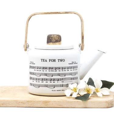 Vintage Enamel Teapot, Black and White Kettle 