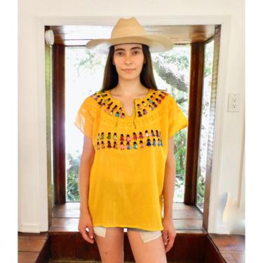 Mexican Sol Blouse // vintage boho yellow hippie Mexican hand embroidered dress hippy tunic mini dress beach cover 70s // O/S 