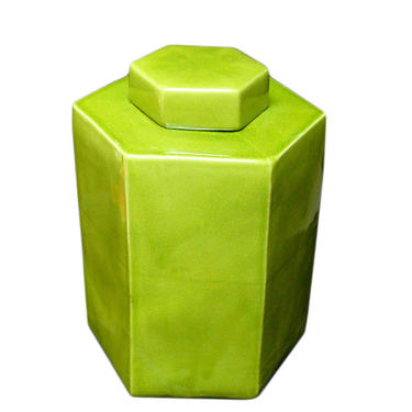 Chinese Hand Glazed Light Olive Green Porcelain Hexagon Jar vs716E 