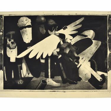 1970 Surrealist Artist Proof Lithograph Human Animal Skeletal Forms Michel-Trapaga 