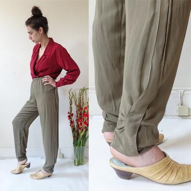 Vintage 80s Drab Green Pants with Gathered Ankle/1980s High Waisted Genie Pants/ Size Small Medium 