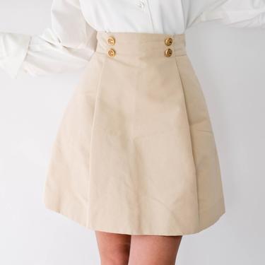 Vintage CHLOE Light Sand High Waisted Mini Skirt w/ Pockets & Gold Framed Wooden Initial Buttons | Made in France | 1990s Y2K Designer Skirt 