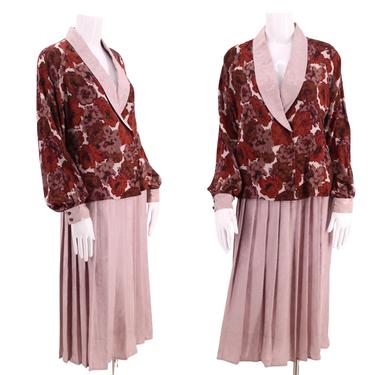 80s Geoffrey Beene Part Two silk print outfit  / vintage 1980s Beene 2 piece jacket blouse pleated skirt sz 8 