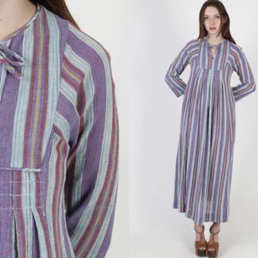 Vintage 70s Purple Striped Dress Ethnic India Festival Gauze Lounge Pockets Maxi Dress 