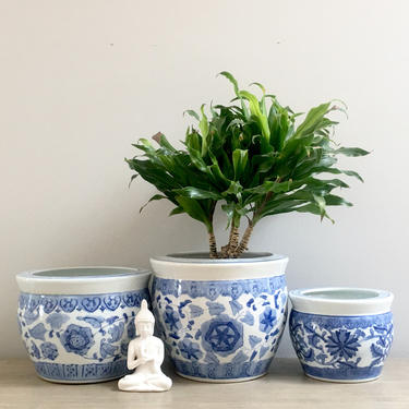 Set of Blue and White Fishbowl Planters Indoor Chinese Ceramic Planter Pot Chinoiserie Decor 
