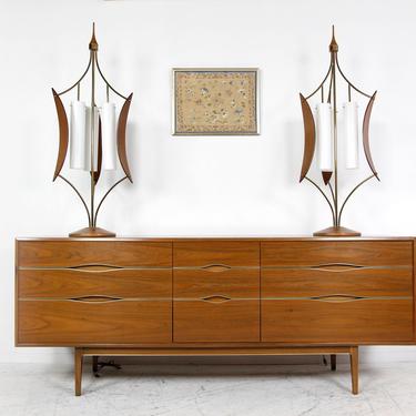 Vintage mcm 9 drawer dresser with brass inlay details on handled | Free delivery in NYC and Hudson 