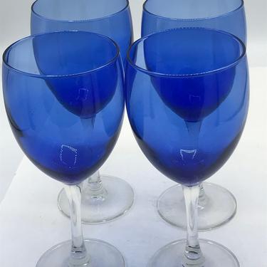 Vintage (4) Wine Glasses set Cobalt Blue with Clear Stems - Nice Condition 