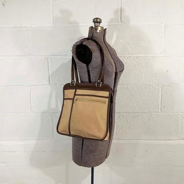 Vintage Brown Canvas Shoulder Purse Taiwan Interpur Tan Shoulder Bag Handbag Retro Faux Leather Trim Tote Gold Zipper 1970s 70s 