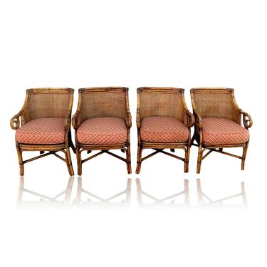 Set of Four Woven Rattan Burnt Bamboo Club Chairs with Scrolled Arms 