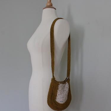 Vintage 70s Yellow & White Crochet Boho Long Strap Purse 